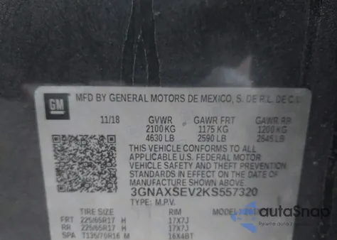 2019 Chevrolet Equinox Ls из США, поврежденный, VIN 3GNAXSEV2KS557320